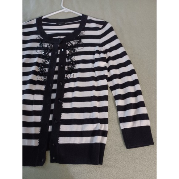 Talbots Women Sweater S Black White Striped Button Up Cardigan Embellished Beads - Picture 5 of 8